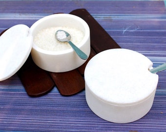 May include: Two white ceramic salt shakers with lids and spoons. The salt shakers are on a wooden surface with a purple and white striped background.