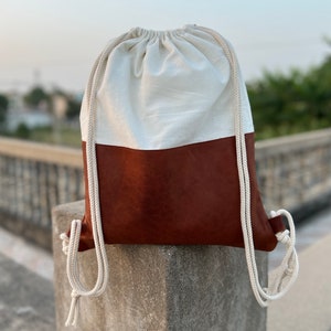 Sac à dos à cordon fabriqué à la main pour l’école, sac à dos à cordon en cuir et toile, cadeaux de rentrée scolaire, sac à dos pique-nique, vente de la fête du travail