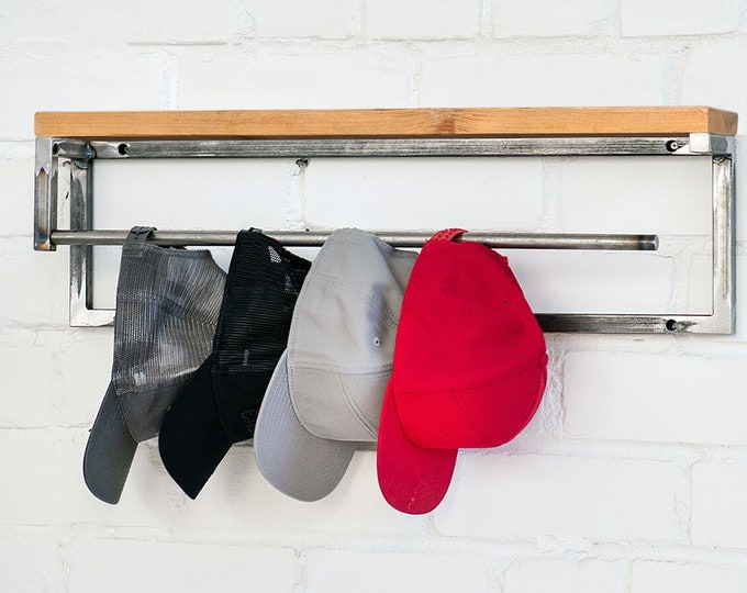 Rustic Metal Baseball Hat Rack and Reclaimed Wood Shelf - Unapinted