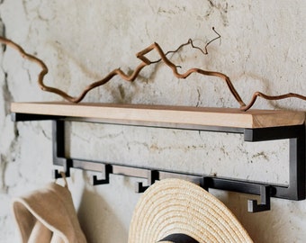 Wall-Mounted Metal Coat, Hat, and Purse Rack with Reclaimed Wood Shelf - Black