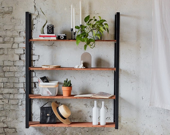 Floating Bookshelf with Four Reclaimed Wood Shelves - Black