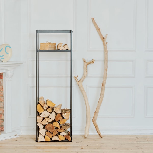 Steel Firewood Rack with Built in Kindling Holder - Firewood Storage - Log Stand - Fireplace tools - Firewood basket - Powder-Coated Black