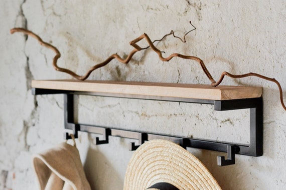 Modern Wall mounted Metal Coat Rack With Reclaimed Wood Shelf