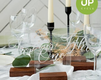 Wedding Table Numbers with Acrylic Design and Dark Wood Base