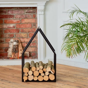 Metal Fireplace Rack - Minimalist Steel Firewood Holder - Log Storage Stand - Firewood Storage - Small Space Storage - Powder-Coated Black