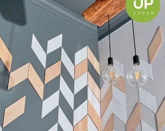 Modern Design Wall Mosaic with Upcycled Plywood and White Acrylic Glass Pieces for Room Makeover and Home Decor - Sold Per One