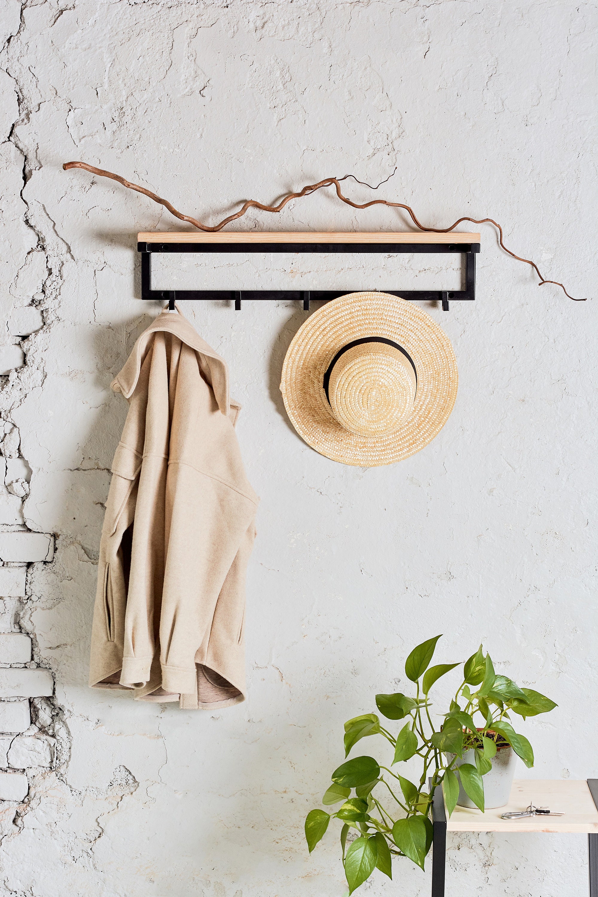 Wall Mounted Metal Coat Hat and Purse Rack with Reclaimed Wood Shelf Black