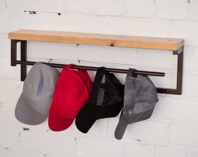 Rustic Metal Baseball Hat Rack and Reclaimed Wood Shelf