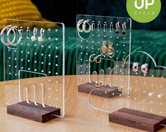 Clear Acrylic Jewelry Stand with Plywood Base - Earring and Ring Stand - Jewelry Holder - Jewelry Display - Earring and Ring Hanger