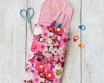 Pink Floral Crochet Hook Case: Cotton Sewing Notion Organizer