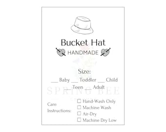 Handmade Bucket Hat Printable Tag with Hat Size and Care Instructions, Digital Download, Print at Home, Wash and Dry Instruction Labels