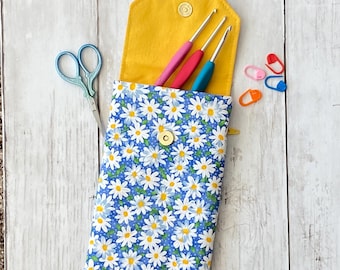 Blue Daisy Crochet Hook Case with Zipper Pocket, Perfect for crochet, knitting or sewing notions, makeup brushes, paint or school supplies