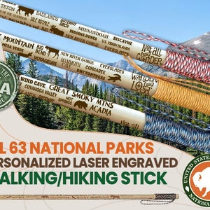 ALL 63 National Park Themed Hiking Stick - National Park Souvenir - Personalized - Birthday/Anniversary/Retirement Gift