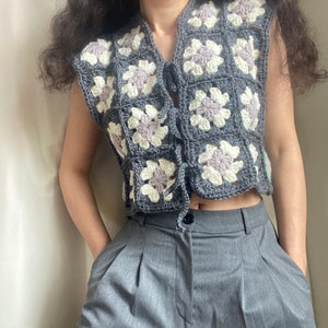 Granny Square Gray Wool Vest Sweater