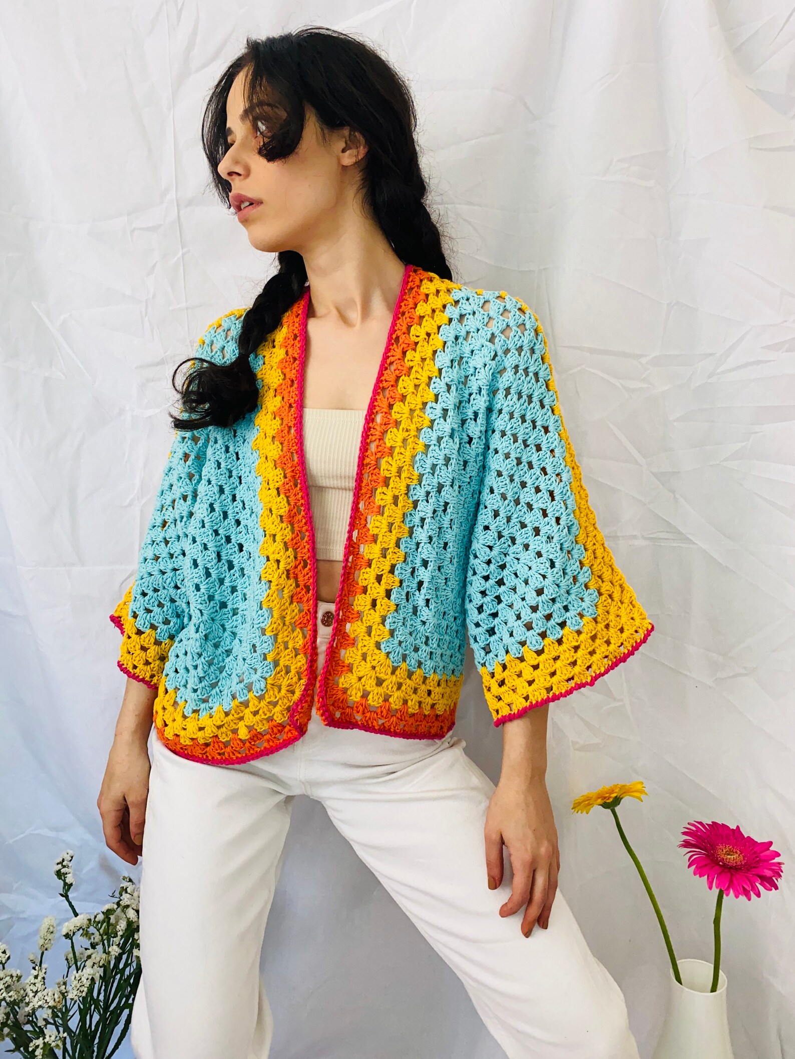 Colorful Granny Square Cotton Kimono Cardigan | Etsy