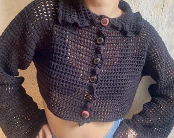 Hand Knit Cotton Crochet Top- Handmade Black Cotton Cardigan