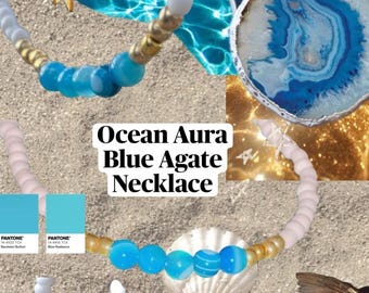 Ocean Aura – Blue Agate & White Seed Bead Summer Necklace