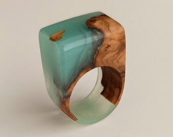 Unique Olive Wood and Epoxy Ring - Handcrafted Statement Jewelry