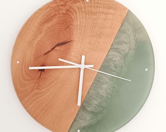 Handmade wood epoxy resin wall clock modern wall decor turquoise white smoke beech wood unique gift