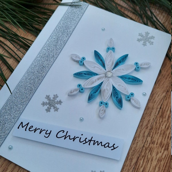 Tarjeta de quilling de Feliz Navidad, 3D hecho a mano, Quilled, Tarjeta de Navidad, Quilling, Copo de nieve, Saludos de temporada, Felices fiestas,