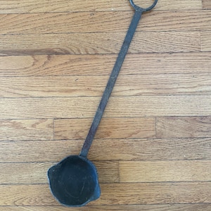 Antique Hand-Forged Iron Ladle | Primitive Metal Scoop with Loop Handle | Rustic Farmhouse Kitchen Tool or Decor
