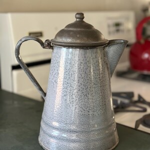 Vintage Gray Enamelware Coffee Pot | Rustic Farmhouse Percolator with Speckled Finish | Antique Graniteware Kitchen Decor