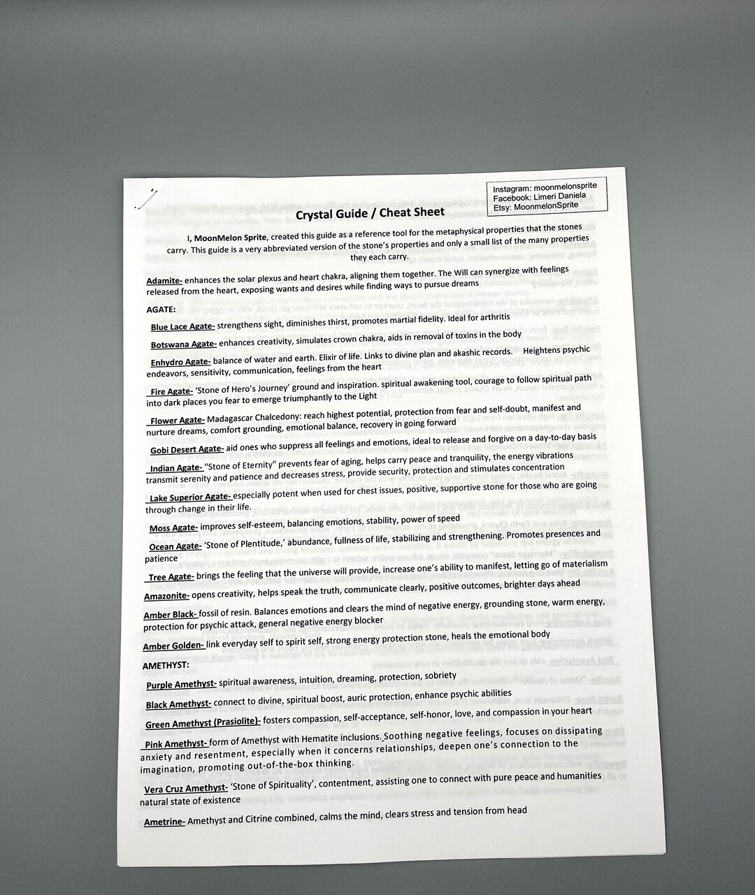 Crystal Cheat Sheet Reference Guide Packet, Crystal Info Booklet ...