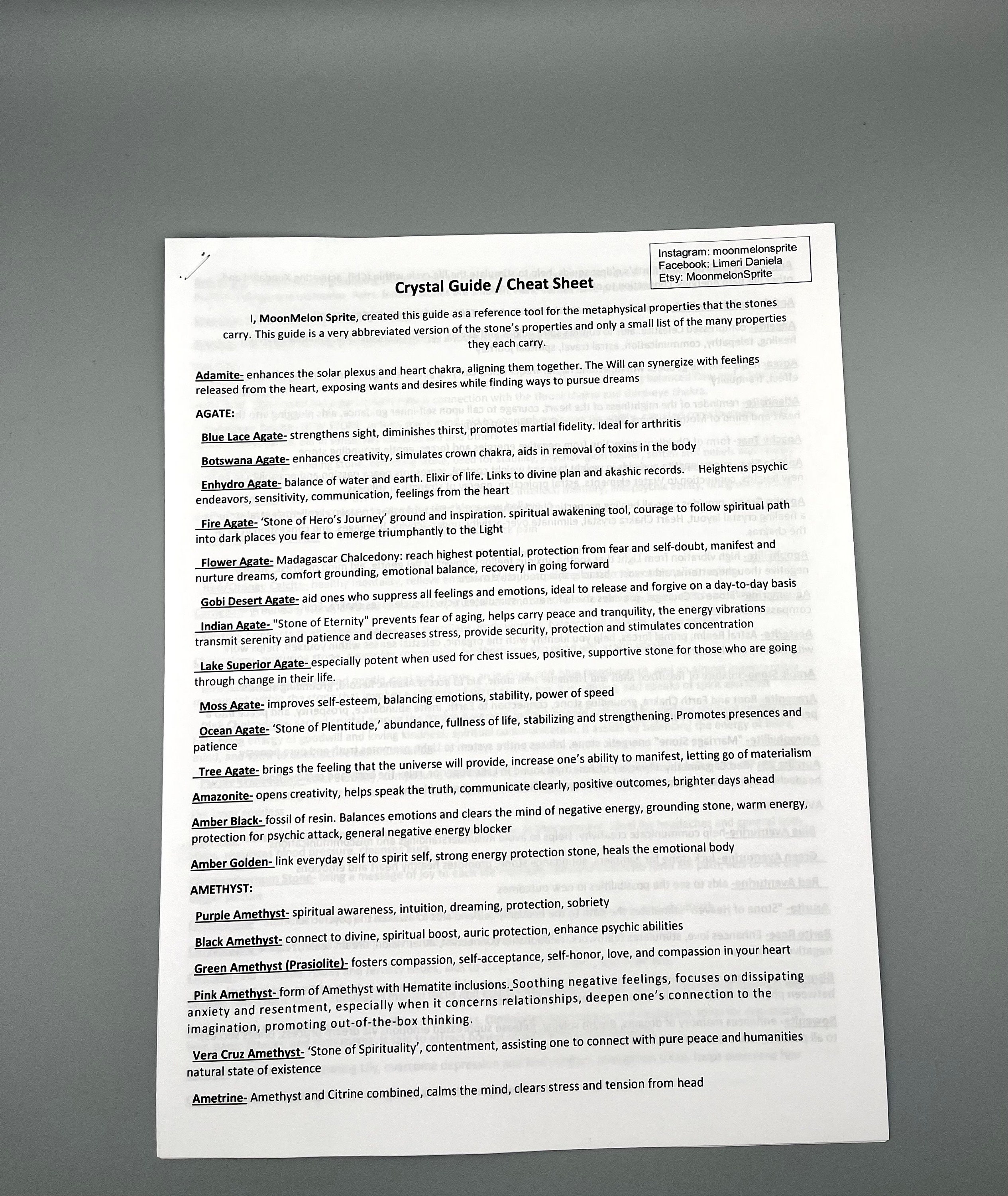 Crystal Cheat Sheet Reference Guide Packet, Crystal Info Booklet, Geological Metaphysical Quick info