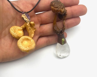 Collier en cristal de champignon avec pendentif en cristal véritable, pleurotes avec améthyste, champignons bolets jumeaux avec quartz clair et péridot