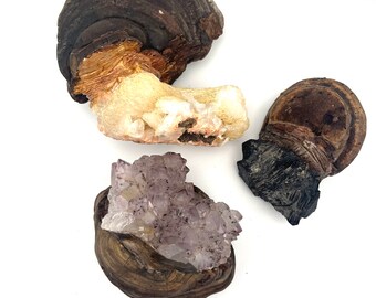 Mushroom Crystal Altar Decoration, REAL Mushroom CRYSTALS, tourmaline stilbite amethyst