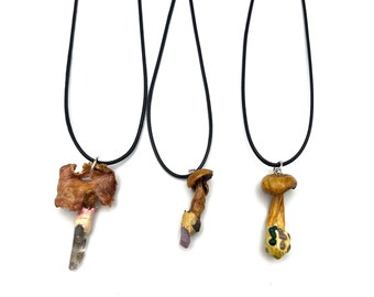 Pendentifs en forme de champignon véritable et cristal, champignons russula bolete, malachite, agate raisin, lodalite, améthyste, cristal péridot