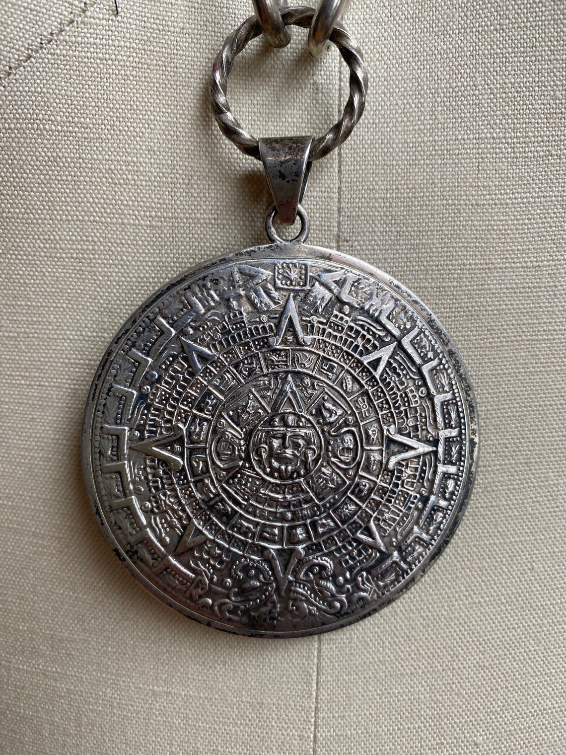 Vintage Aztec Mayan sundial pendant modern heavy cable link Etsy