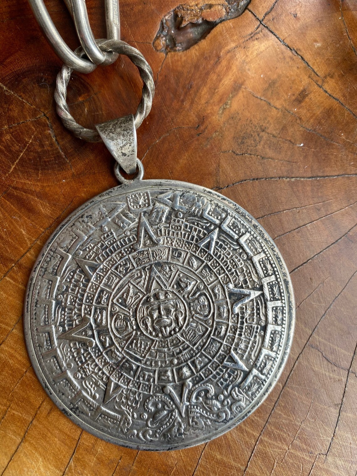 Vintage Aztec Mayan sundial pendant modern heavy cable link Etsy