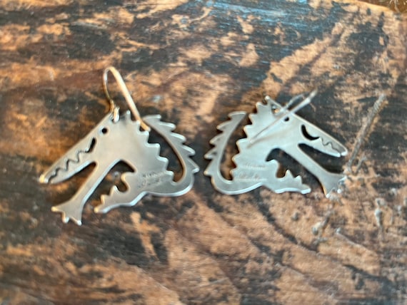 Sterling coyote Native American signed earrings - image 4