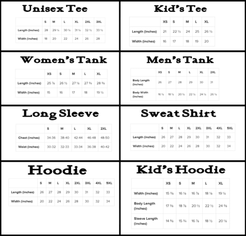 以下が含まれることがあります： ユニセックスTシャツ、子供用Tシャツ、レディースタンクトップ、メンズタンクトップ、長袖シャツ、スウェットシャツ、フーディー、子供用フーディーなど、さまざまな種類の衣料品のサイズ測定値（インチ）を示す表です。