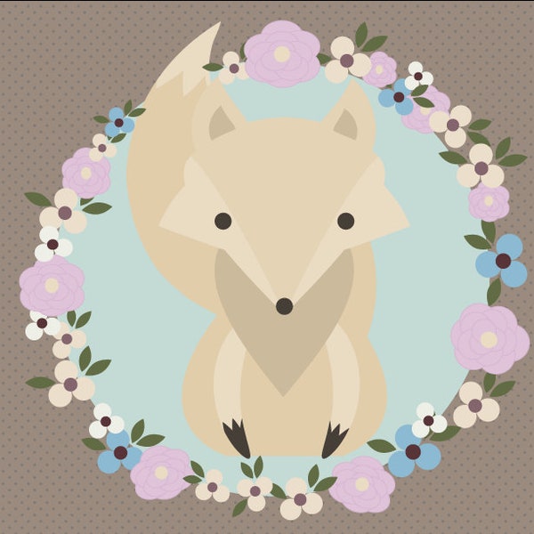 White Fox Floral Wreath Taupe Polka Dot Print Vector Digital Download Printable Art