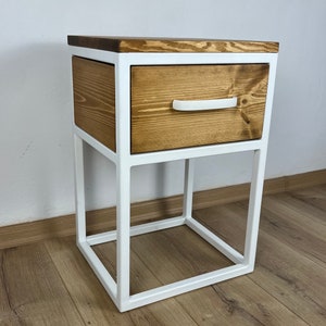 Modern White Metal Nightstand: Pine Wood Bedside Table