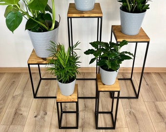 Soporte para plantas negro, Soporte para flores, Estantes para plantas, Soporte para plantas, Estante para plantas, Estante para flores alto, Soporte para macetas, metal, madera, interior