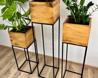 Soporte para plantas negro, Soporte para flores, Estantes para plantas, Soporte para plantas, Estante para plantas, Estante para flores alto, Soporte para macetas, metal, madera, interior