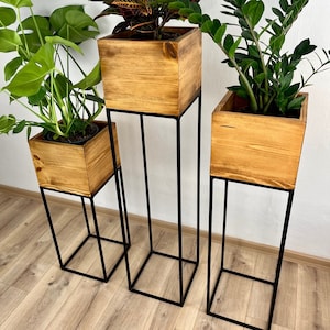 Support pour plantes noir, Support pour fleurs, Étagères pour plantes, Support pour plantes, Support pour plantes, Support pour fleurs haut, Support pour pot, métal, bois, intérieur image 1