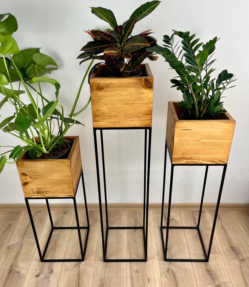 Support pour plantes noir, Support pour fleurs, Étagères pour plantes, Support pour plantes, Support pour plantes, Support pour fleurs haut, Support pour pot, métal, bois, intérieur image 6