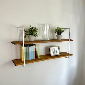 Wandregal Holz wieß 2 Ebenen, Wandregal Metall , Bücherregal, Wandboard, Regalbrett, Schweberegal, Hängeregale, Aufbewahrungsregale
