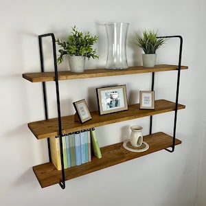 Estantes flotantes negros 3 niveles, Estante flotante metal madera, Estantería para colgar en la pared, Estantes de pared, Estantería de exhibición, Estanterías para libros, Estantería de madera