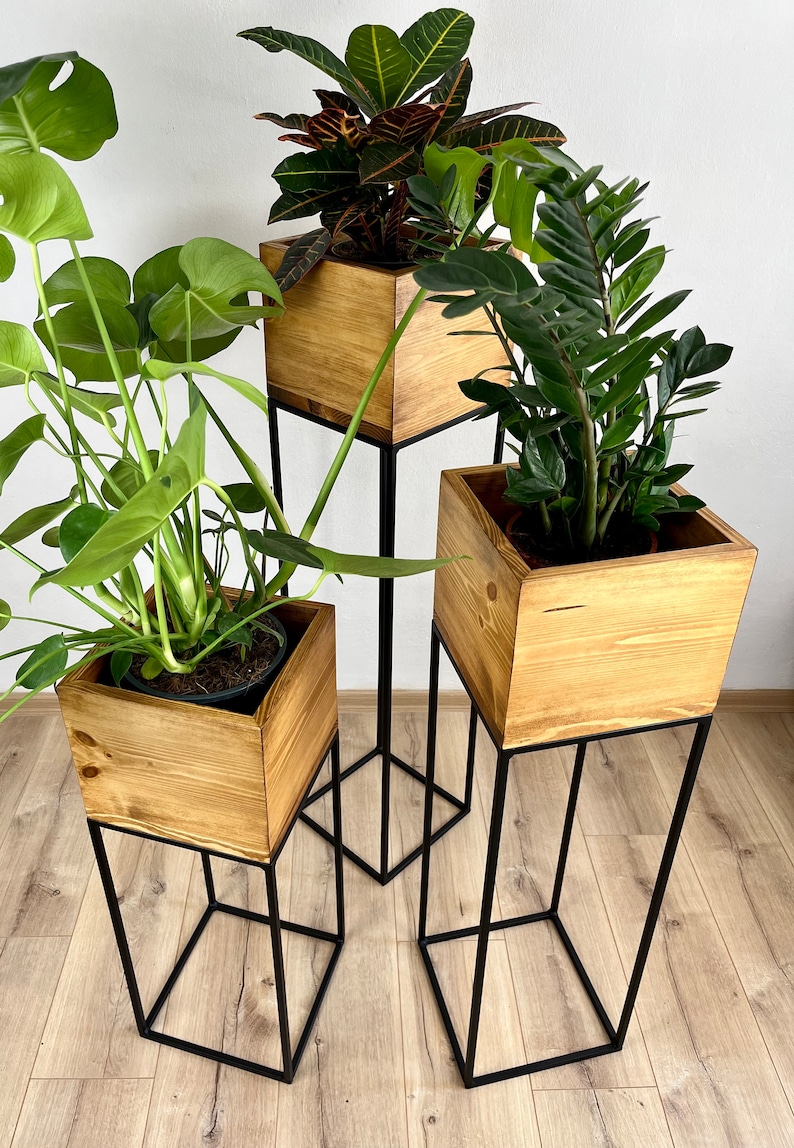 Support pour plantes noir, Support pour fleurs, Étagères pour plantes, Support pour plantes, Support pour plantes, Support pour fleurs haut, Support pour pot, métal, bois, intérieur image 7