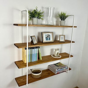Wandregal Holz wieß 4 Ebenen, Wandregal Metall , Bücherregal, Wandboard, Regalbrett, Schweberegal, Hängeregale, Aufbewahrungsregale