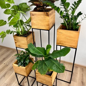 Support pour plantes noir, Support pour fleurs, Étagères pour plantes, Support pour plantes, Support pour plantes, Support pour fleurs haut, Support pour pot, métal, bois, intérieur image 3