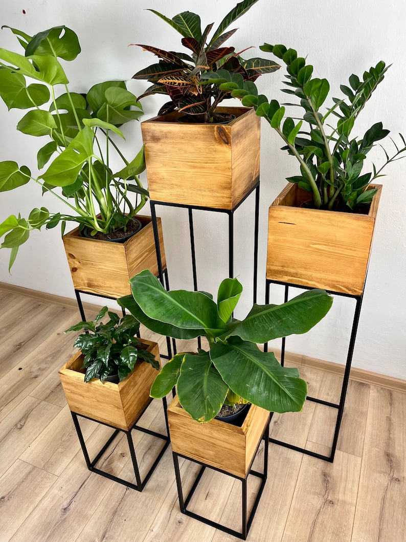 Support pour plantes noir, Support pour fleurs, Étagères pour plantes, Support pour plantes, Support pour plantes, Support pour fleurs haut, Support pour pot, métal, bois, intérieur image 3