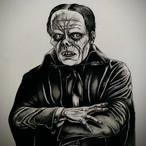 May include: A black and white pencil drawing of a man with a disfigured face, wearing a black coat and a chain around his neck. His arms are crossed, and his expression is intense. The drawing captures the character's sinister appearance.