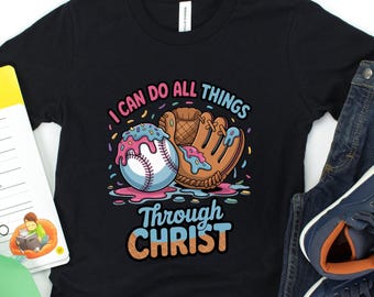 Camiseta de béisbol con helado, camisetas de béisbol para niños, camisetas cristianas para niños, camiseta de Filipenses 4:13, Todo lo puedo en Cristo
