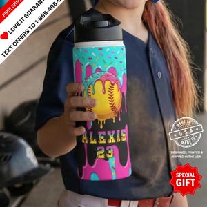 Personalized Softball Water Bottle Insulated Stainless Steel, Custom Softball Gifts For Girls, Softball Team Gift, Cool Softball Player Gift